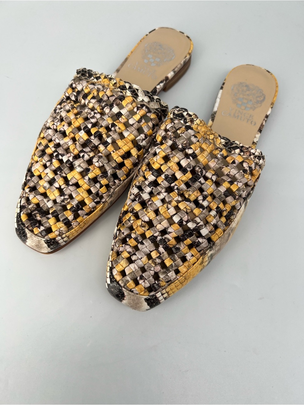 Vince Camuto Woven Slip-On Mules in Yellow, Black & Cream - Women Shoes